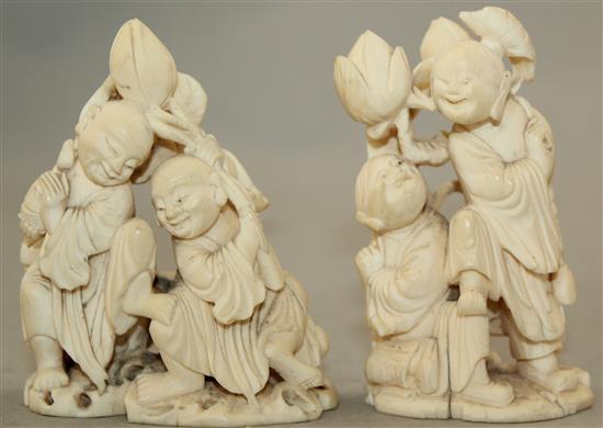 Two Chinese ivory groups, late 19th / early 20th century, 7.8cm and 8cm